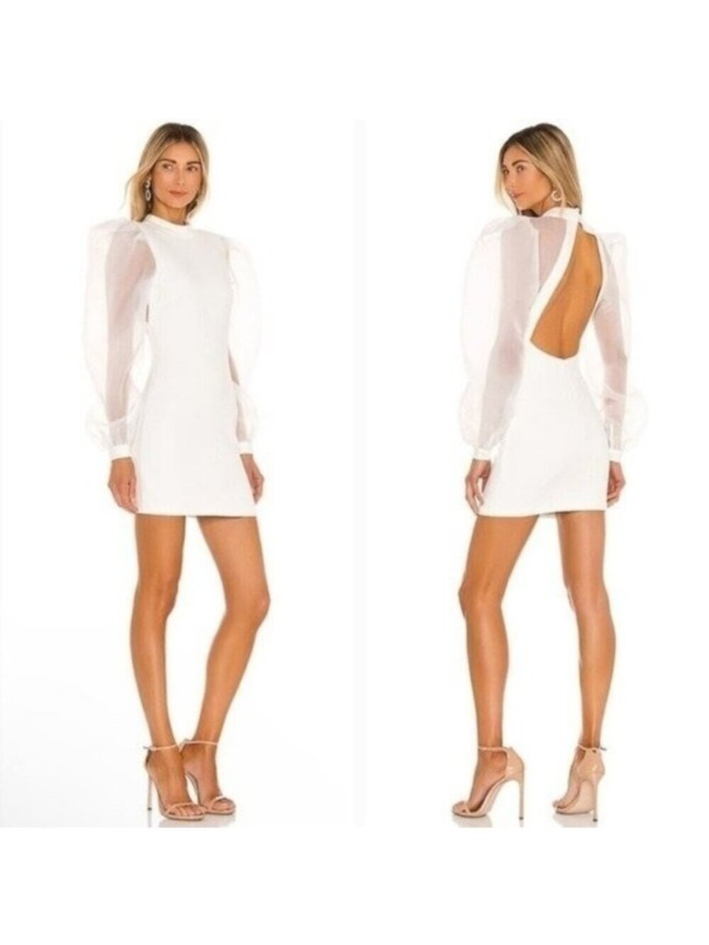 NBD Revolve Ivory Bao Tulle Puff Sleeve Cocktail Chiffon Mock Neck Dress Sz XS